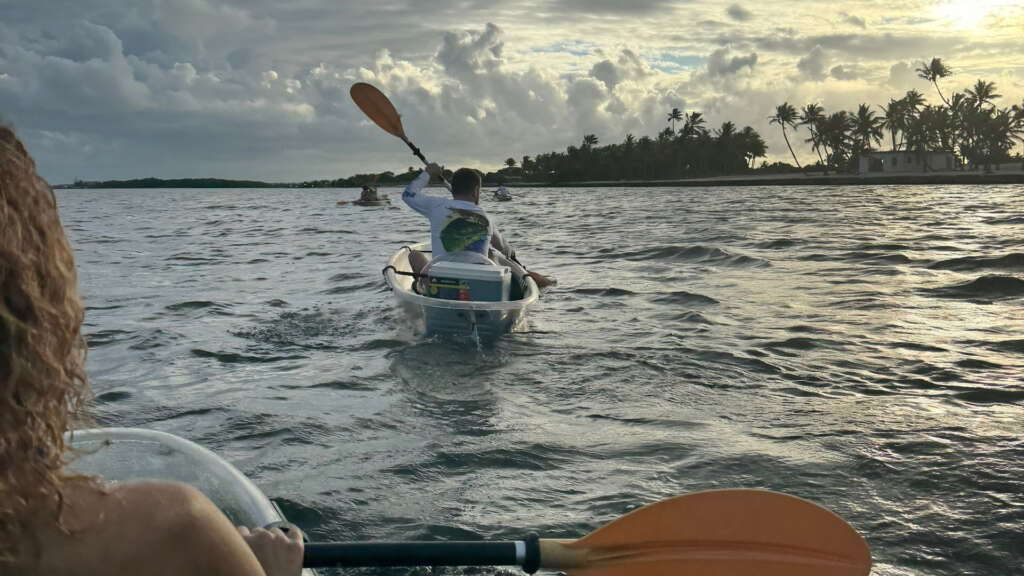 A large group of paddlers returning to Coco Plum Beach from Valhalla Sandbar, passing Curry Hammock State Park at sunset.